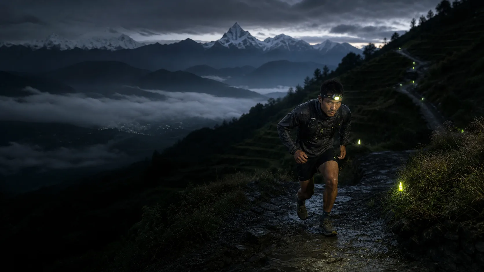 Runner climbing a wet Gharmi-style hill road before dawn with Himalayan peaks behind him