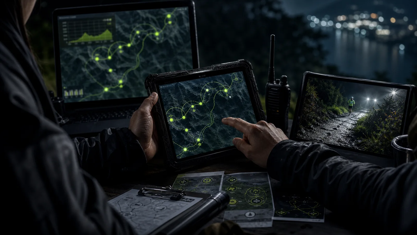 Race staff reviewing a live hill-route tracking board on rugged field devices