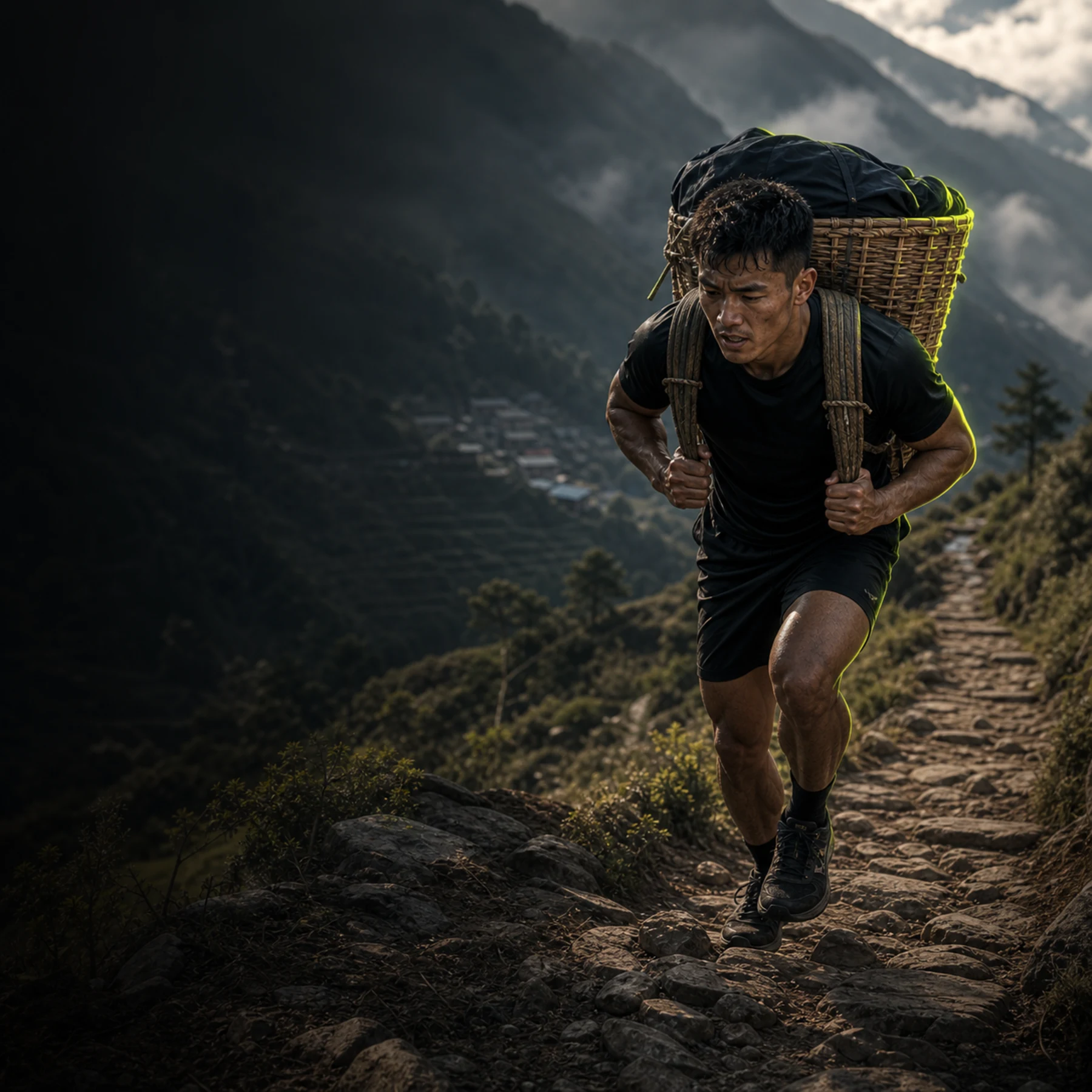 Gurkha athlete carrying a doko basket on a mountain trail