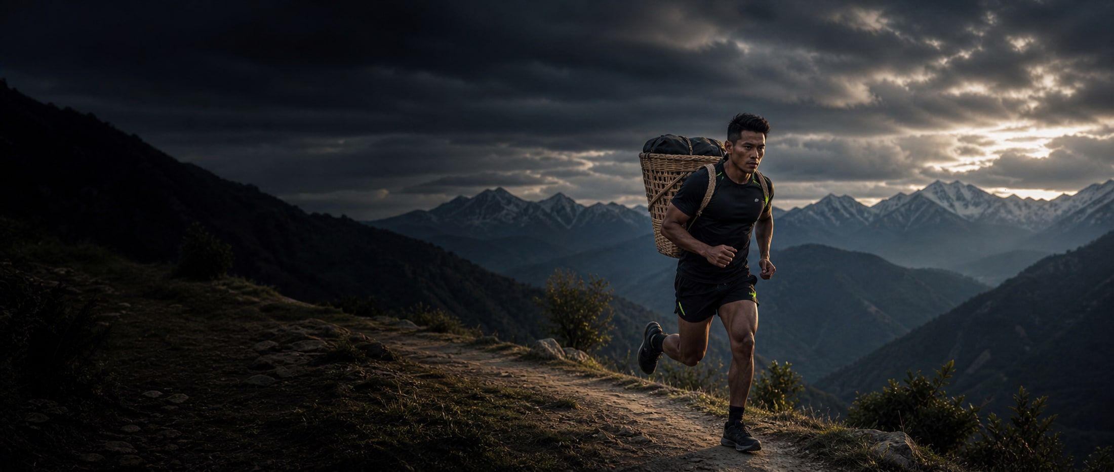 Gurkha athlete running a Himalayan ridge at dusk with a doko basket