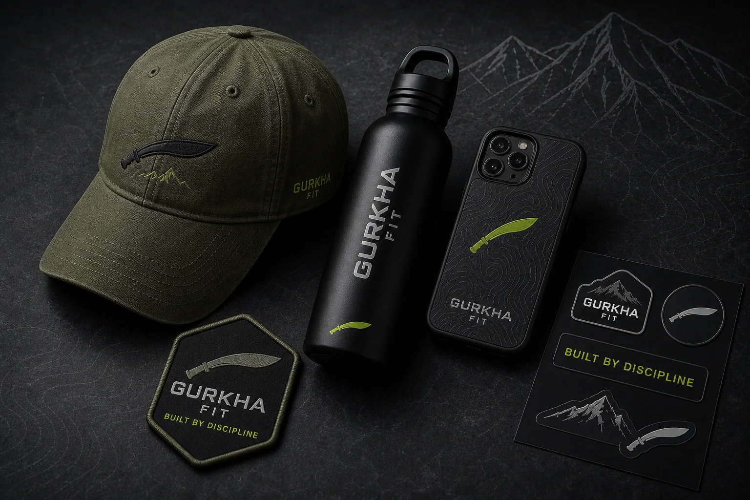 Gurkha Fit olive cap, black water bottle, phone case, patch, and stickers on a dark tabletop