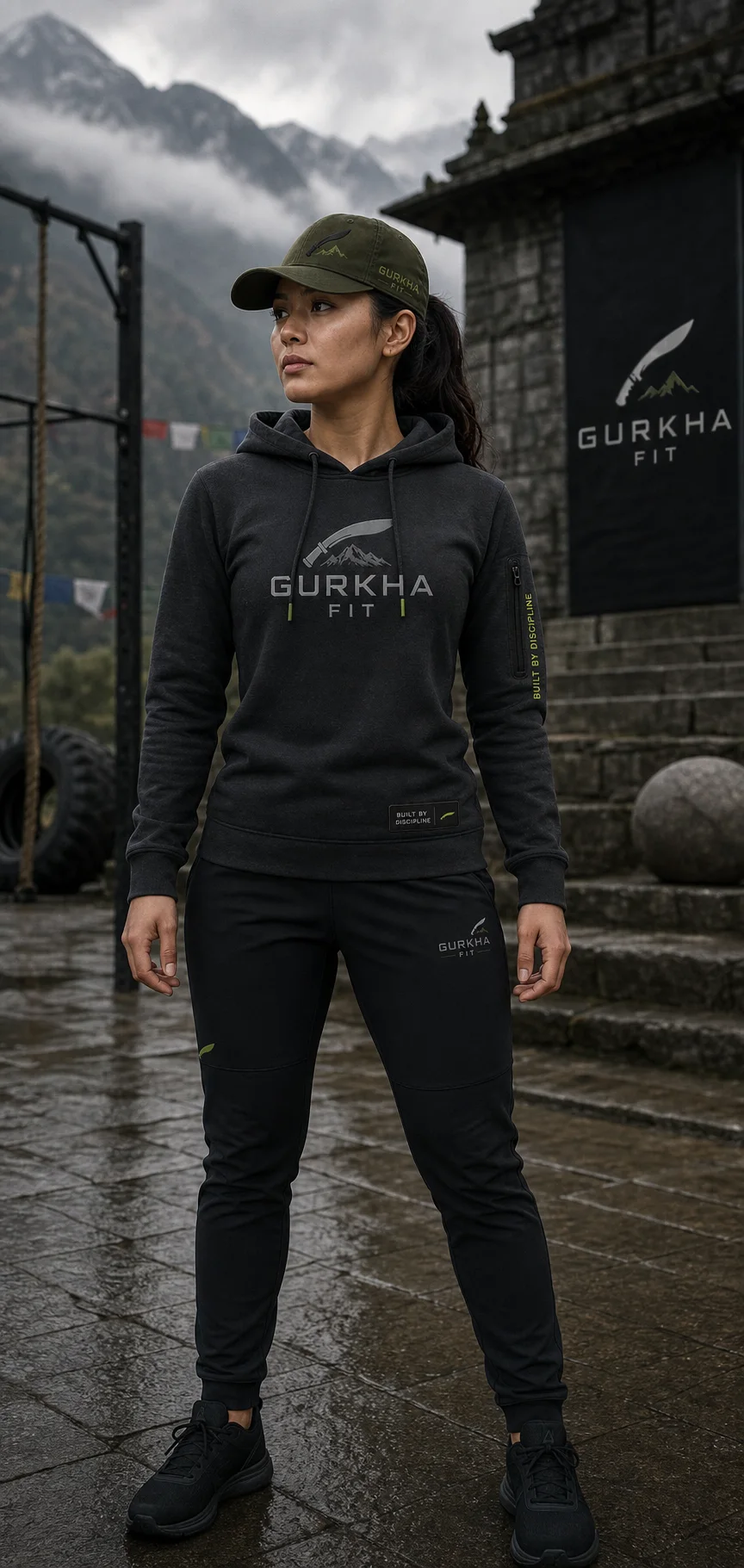 Young athletic Nepali woman wearing the Gurkha Fit hoodie, olive cap, and full-length training pants