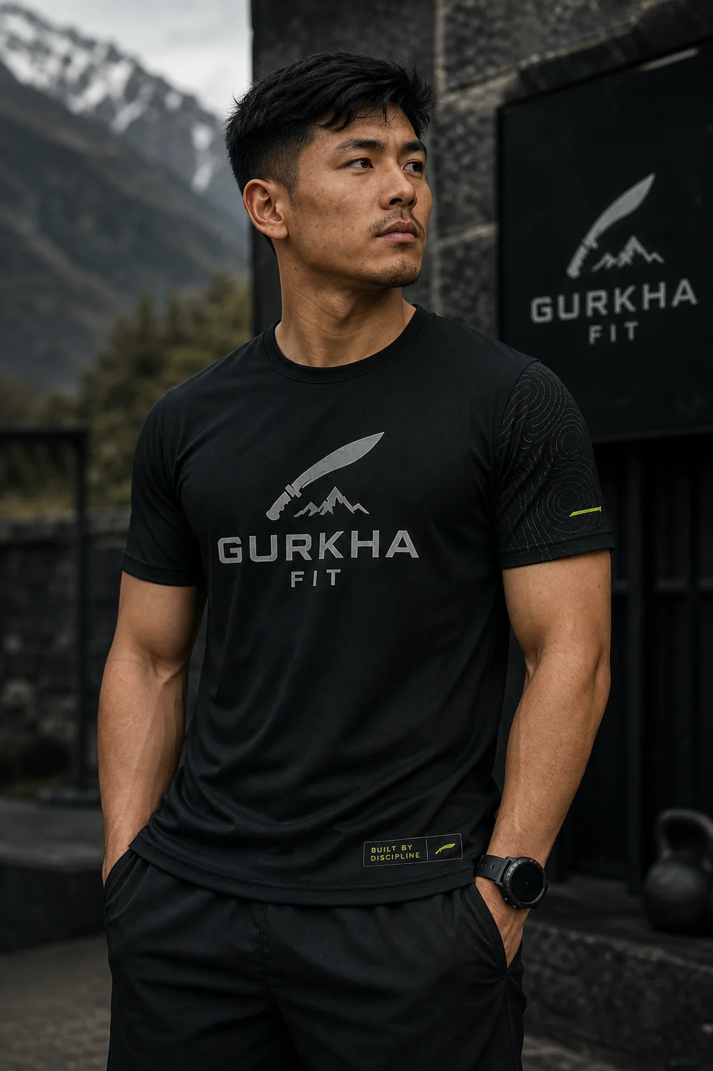 Young athletic Nepali man wearing the black Gurkha Fit Discipline Training Tee
