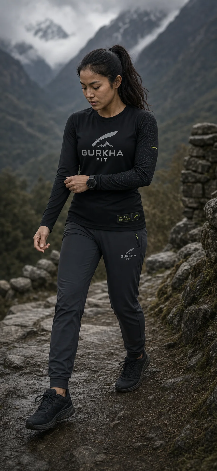 Young athletic Nepali woman walking on a mountain trail in a black Gurkha Fit long-sleeve training layer