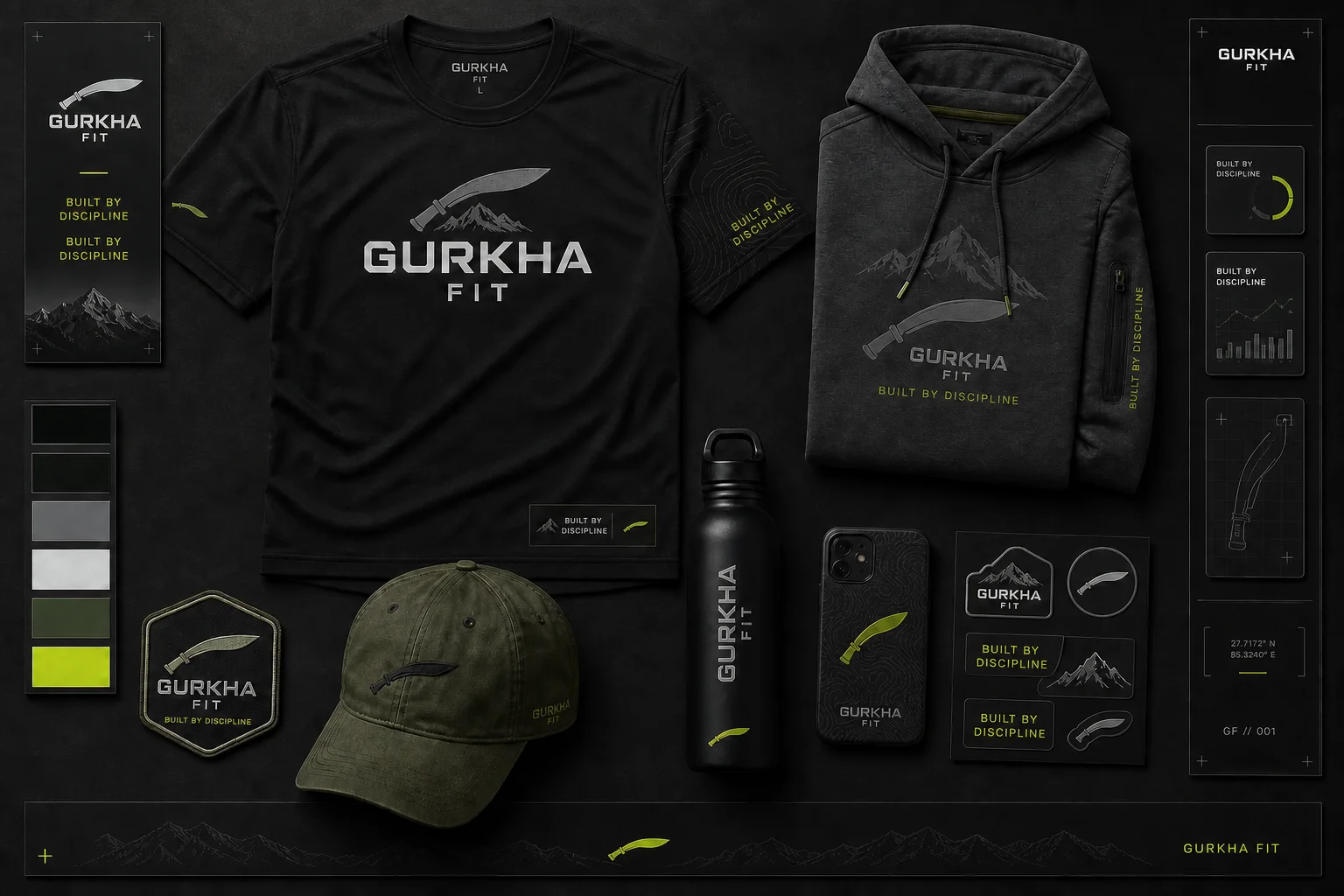 Gurkha Fit merch board with technical tee, hoodie, cap, bottle, phone case, patches, and stickers