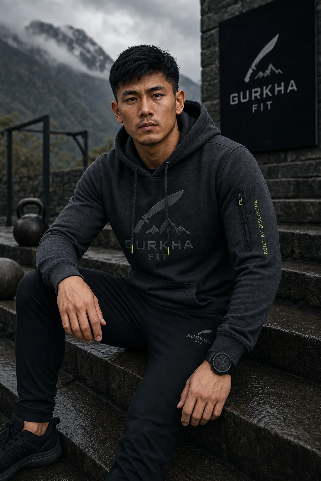 Young athletic Nepali man seated on stone steps wearing the charcoal Gurkha Fit hoodie