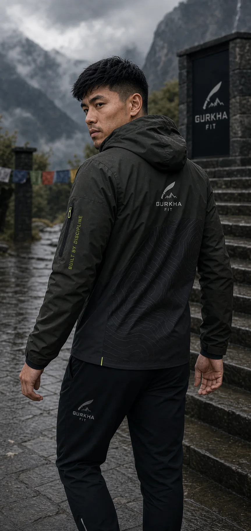 Young athletic Nepali athlete wearing the Gurkha Fit olive-black weather shell on wet stone steps