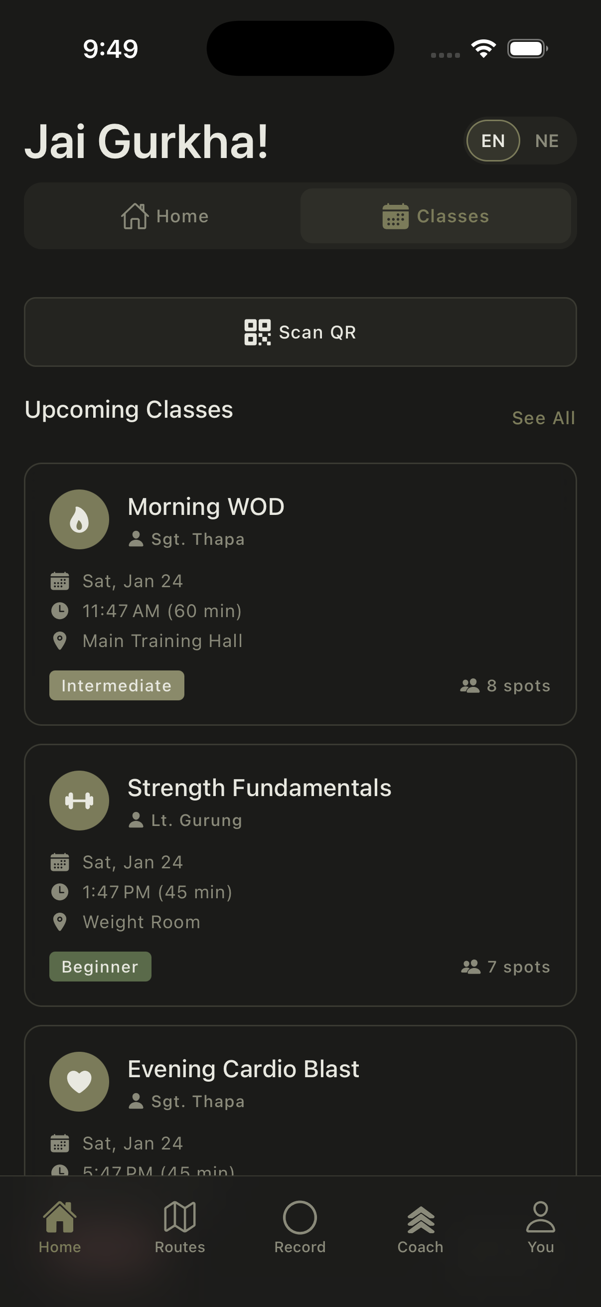 Gurkha Fit App - Home Screen