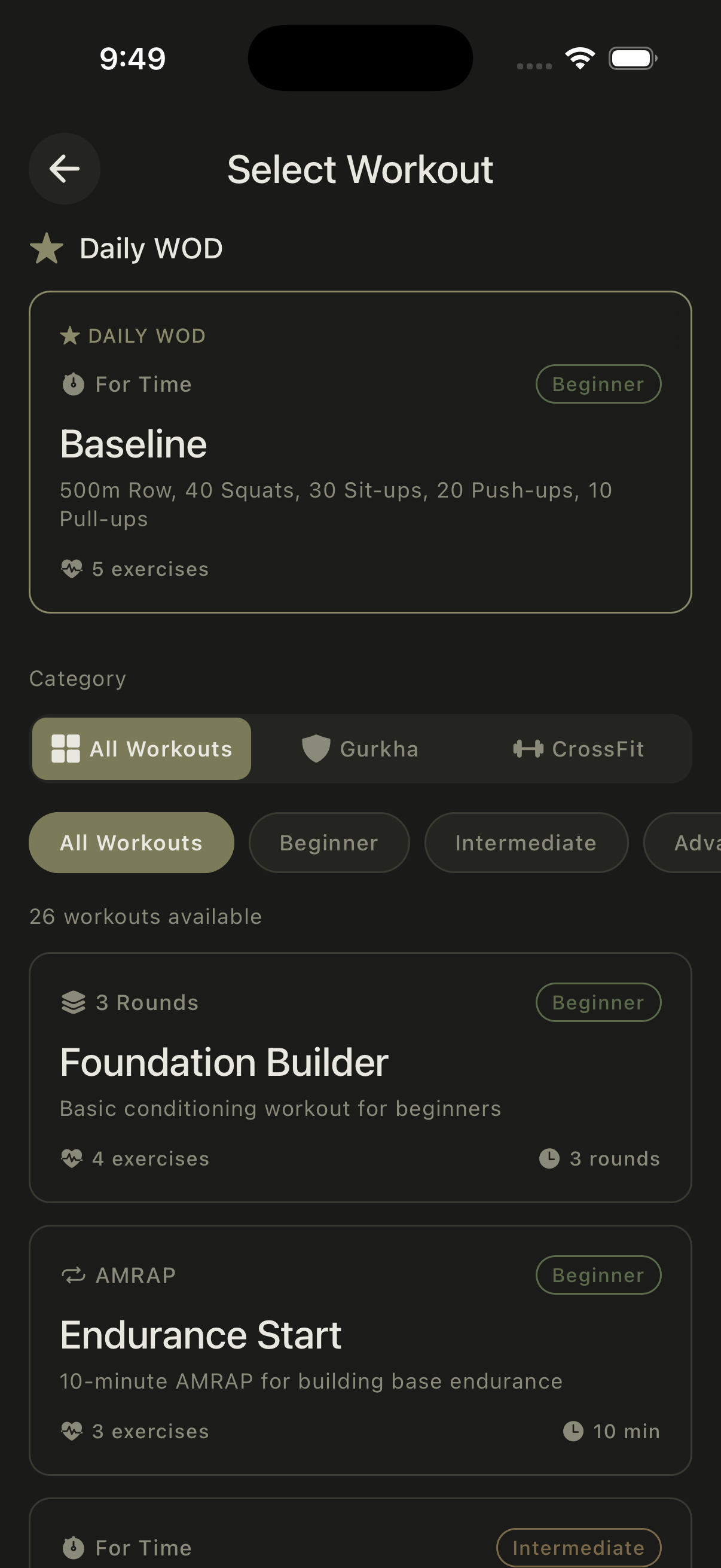 Gurkha Fit App - Workouts Screen
